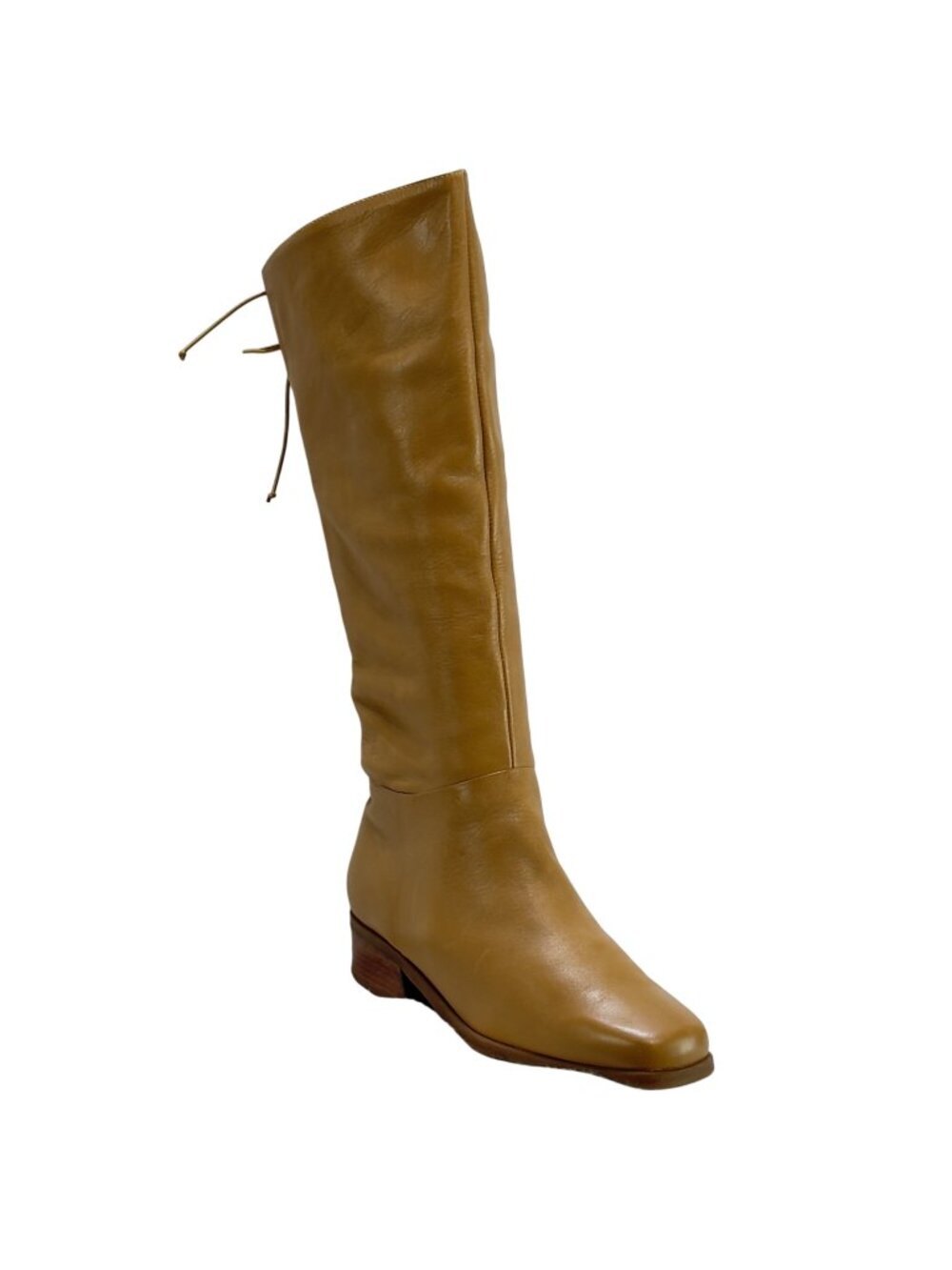 MARKON Women's Tan Leather Knee-High Boots Lace-Up Back Low Heel Size